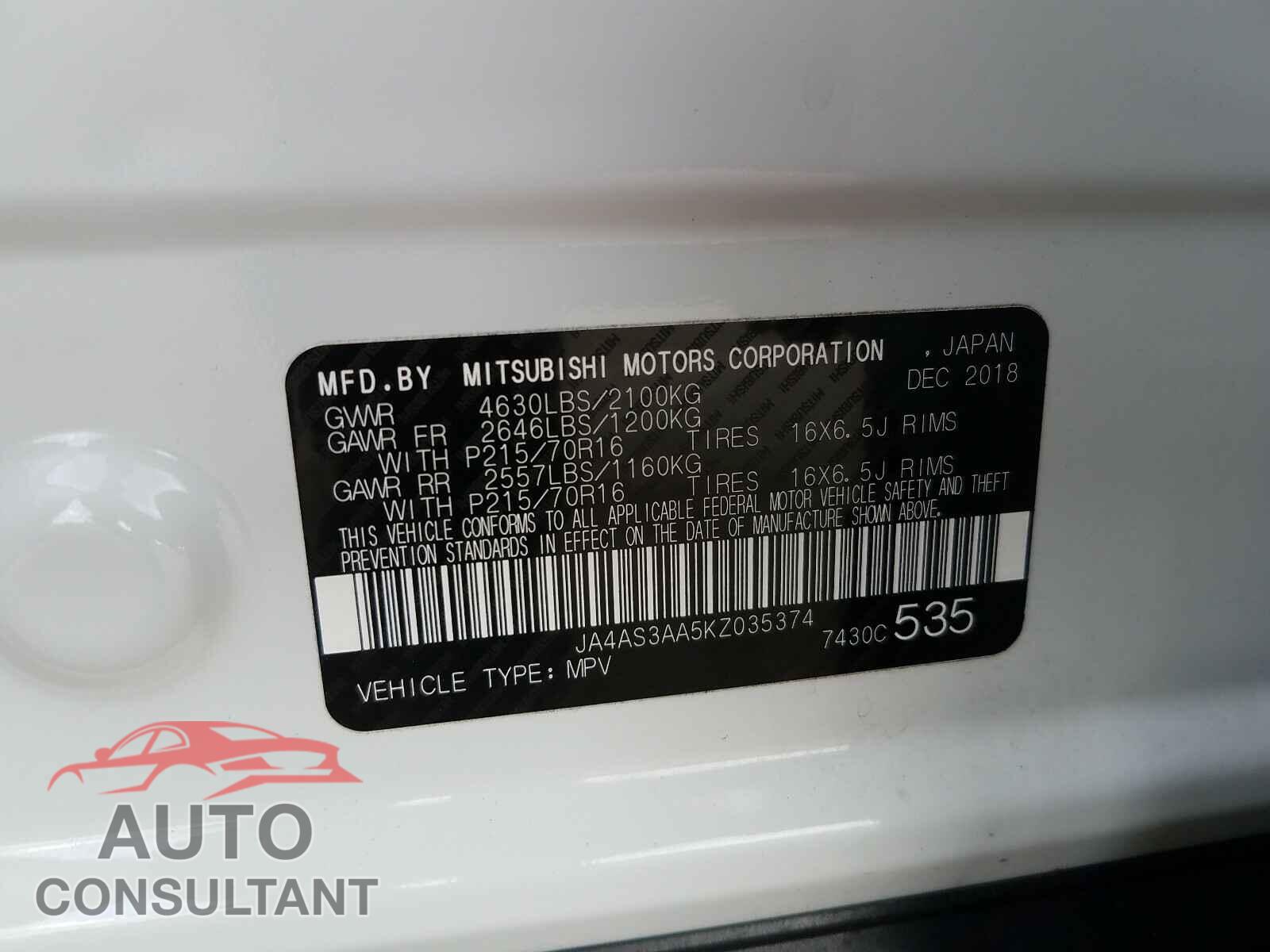 MITSUBISHI ECLIPSE 2019 - JA4AS3AA5KZ035374