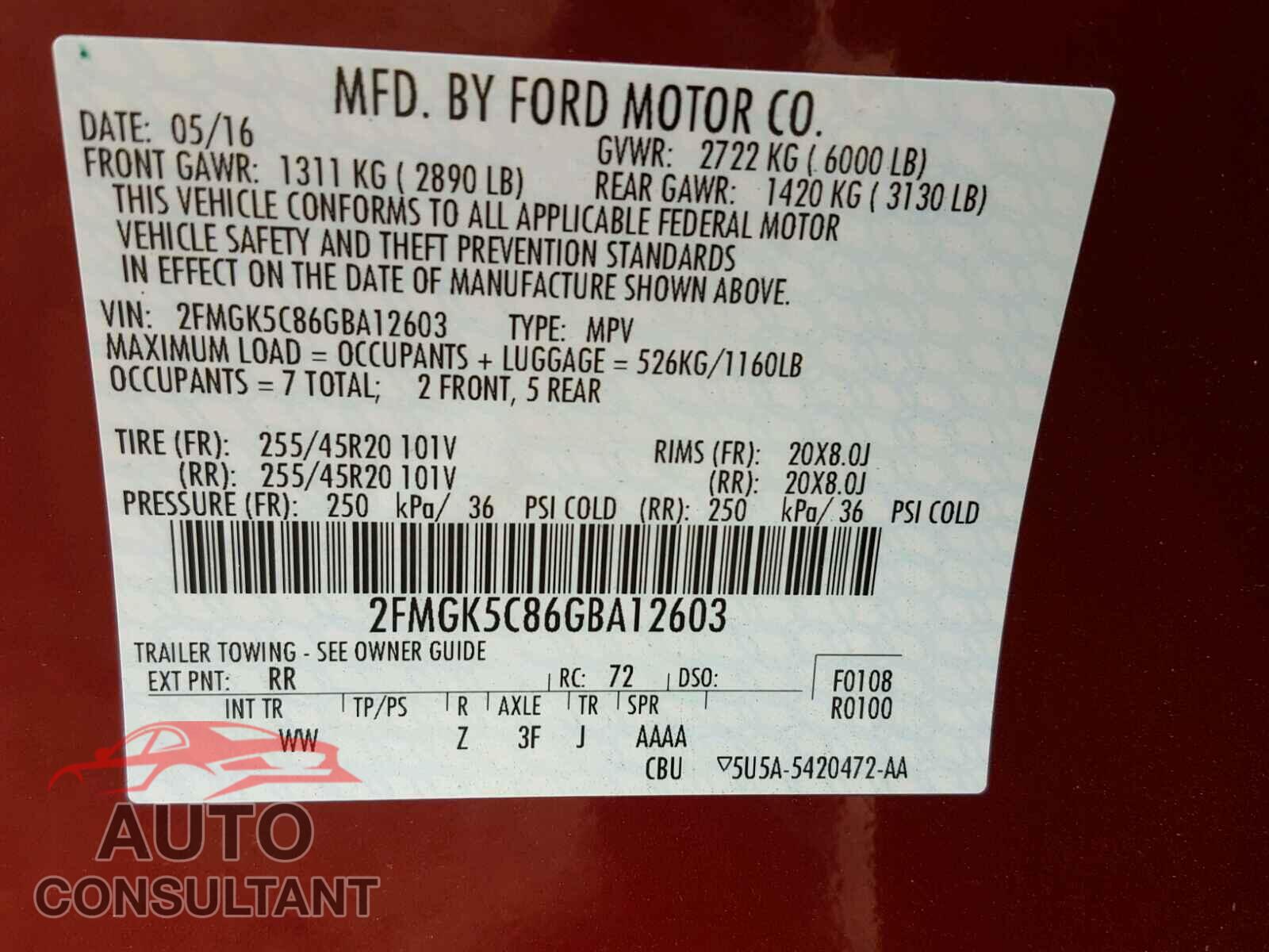 FORD FLEX 2016 - 2FMGK5C86GBA12603