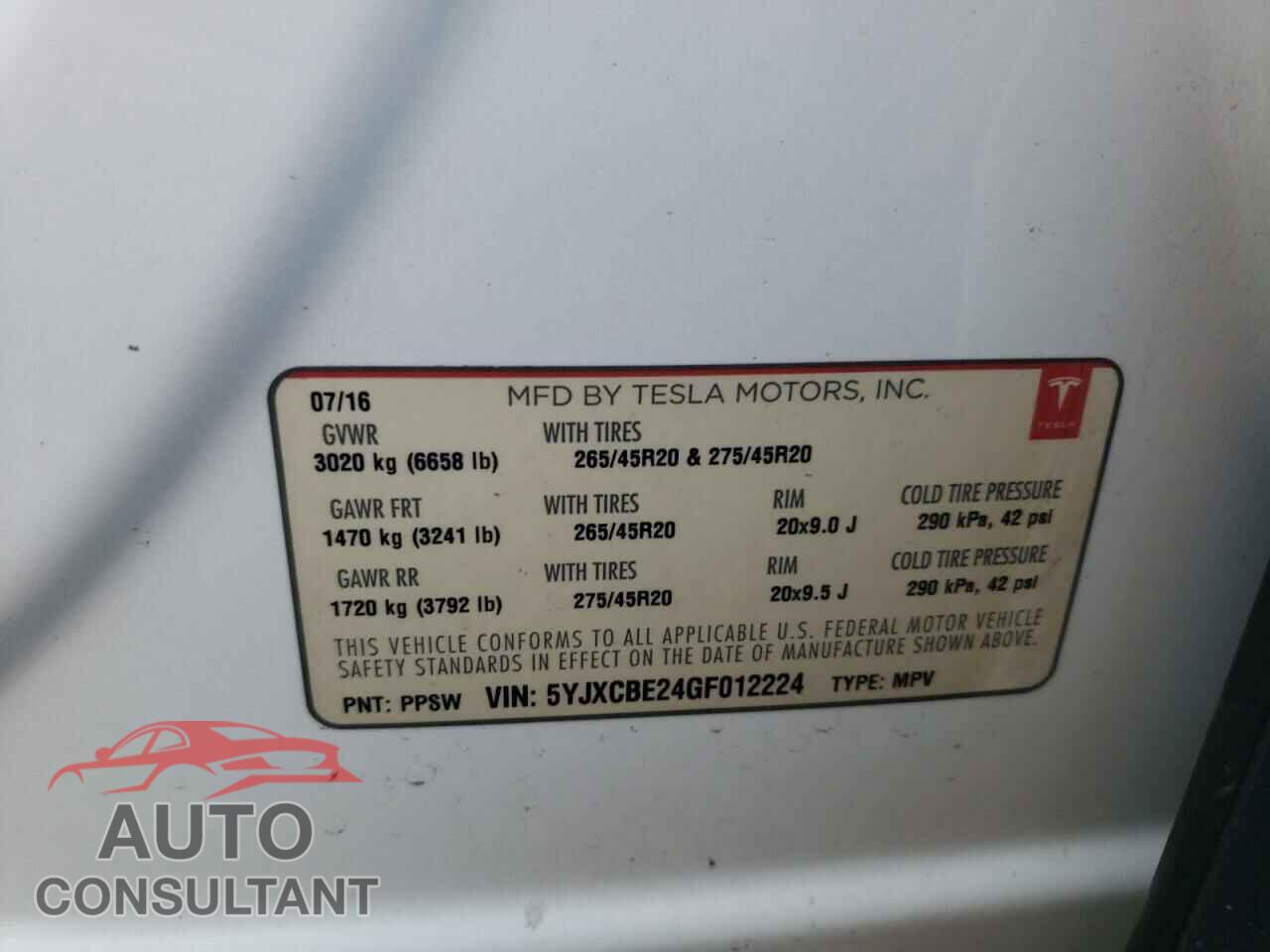 TESLA MODEL X 2016 - 5YJXCBE24GF012224