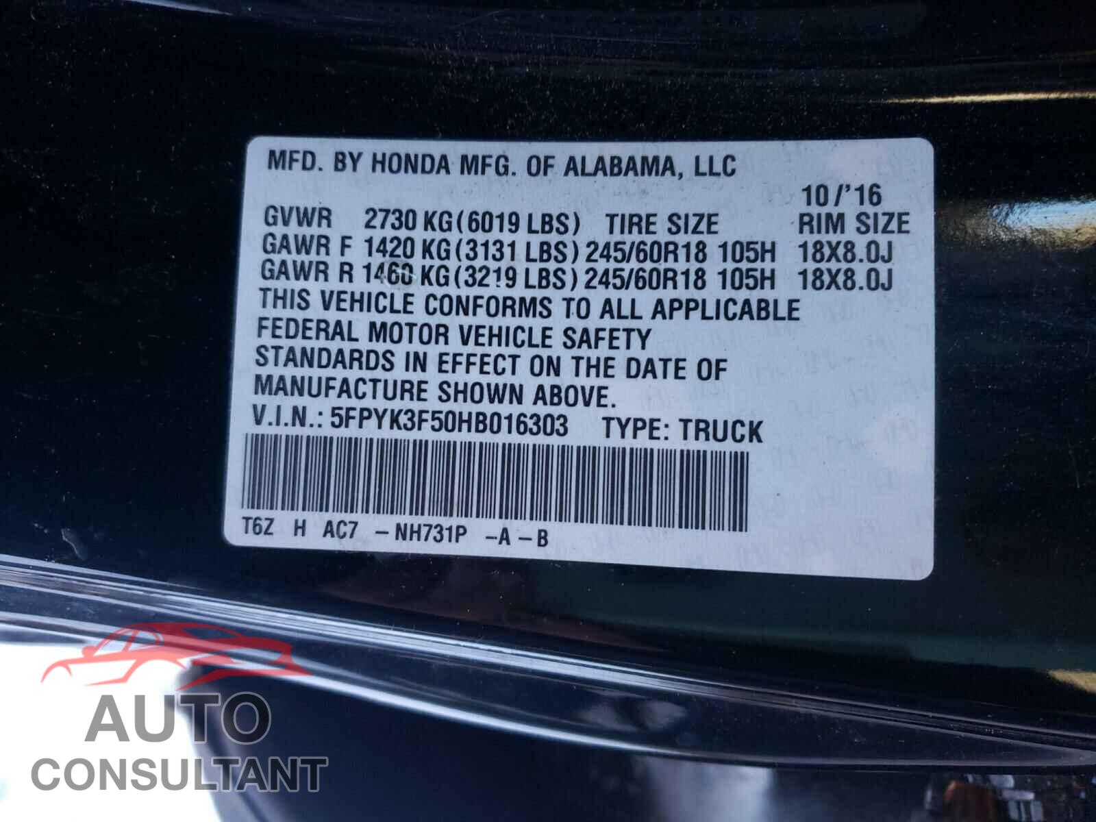 HONDA RIDGELINE 2017 - 5FPYK3F50HB016303