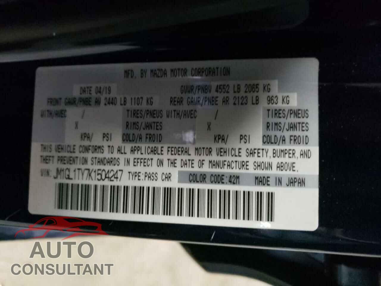 MAZDA 6 2019 - JM1GL1TY7K1504247