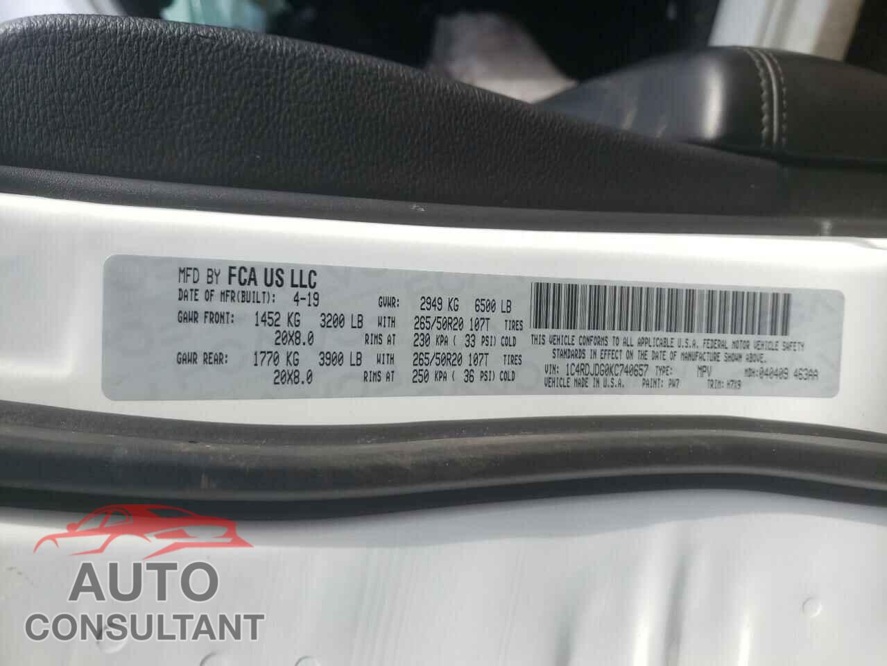 DODGE DURANGO 2019 - 1C4RDJDG0KC740657