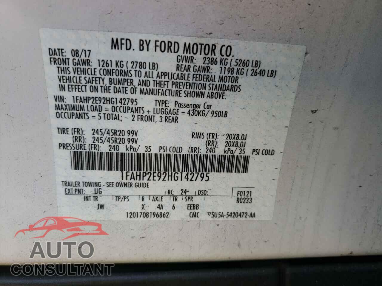 FORD TAURUS 2017 - 1FAHP2E92HG142795