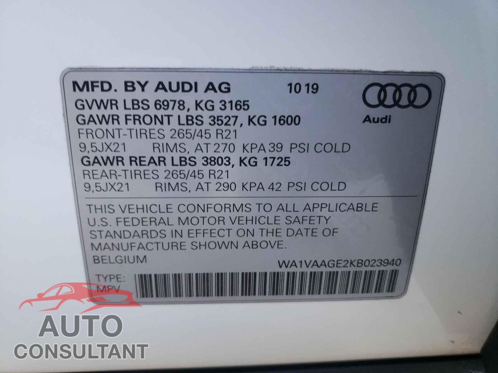 AUDI E-TRON 2019 - WA1VAAGE2KB023940