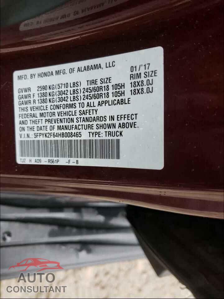 HONDA RIDGELINE 2017 - 5FPYK2F64HB008465