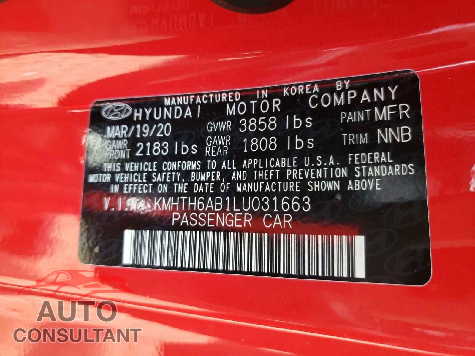 HYUNDAI VELOSTER 2020 - KMHTH6AB1LU031663