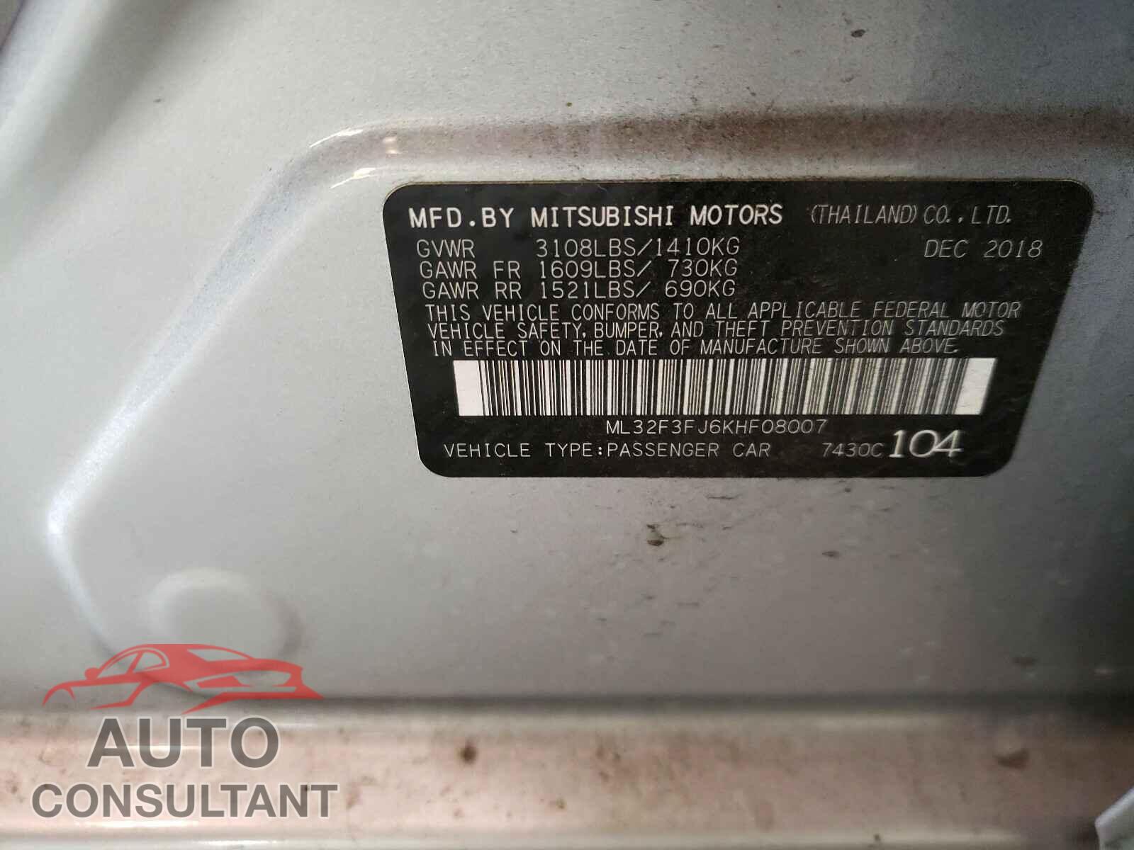 MITSUBISHI MIRAGE 2019 - ML32F3FJ6KHF08007