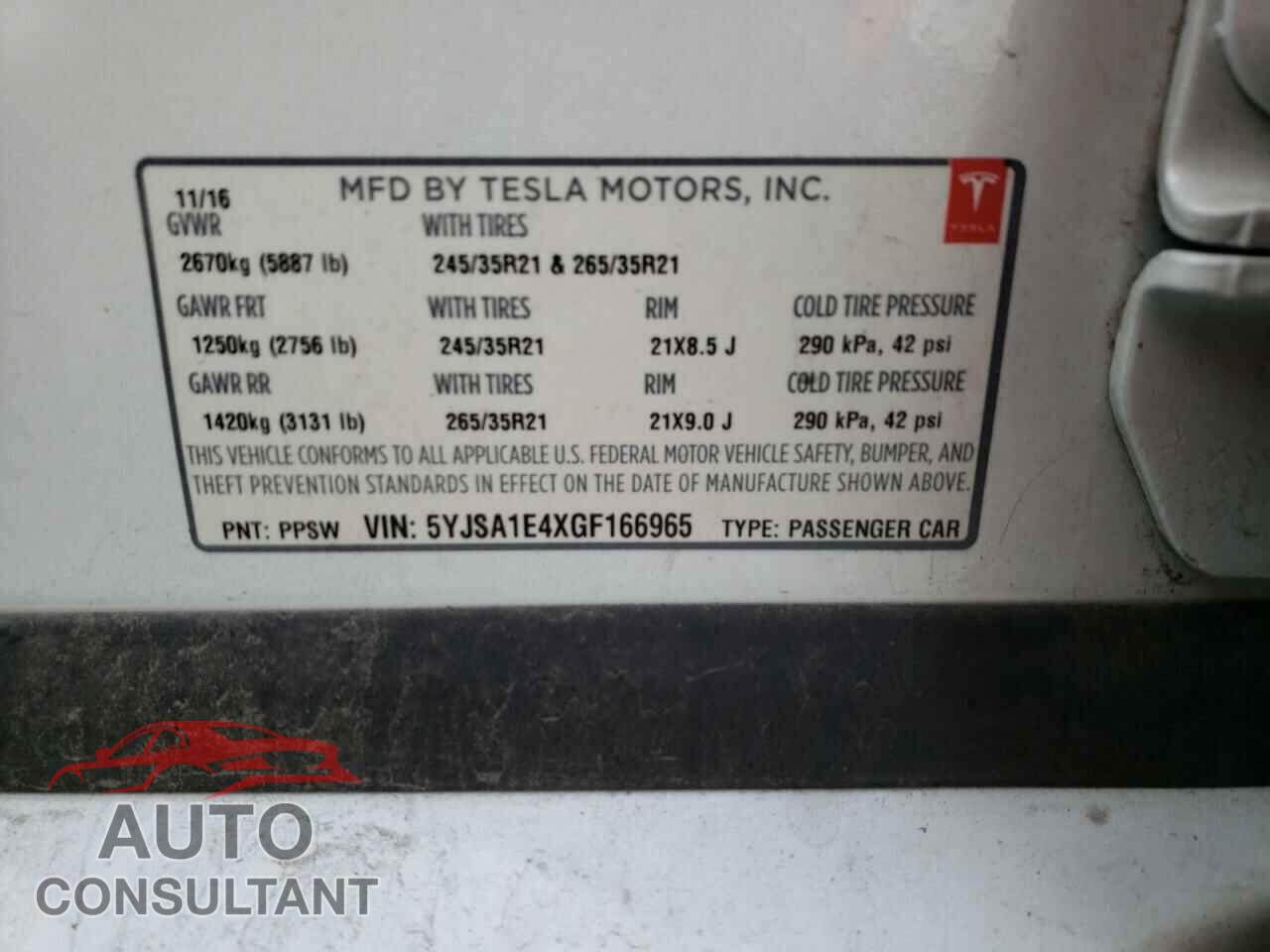 TESLA MODEL S 2016 - 5YJSA1E4XGF166965