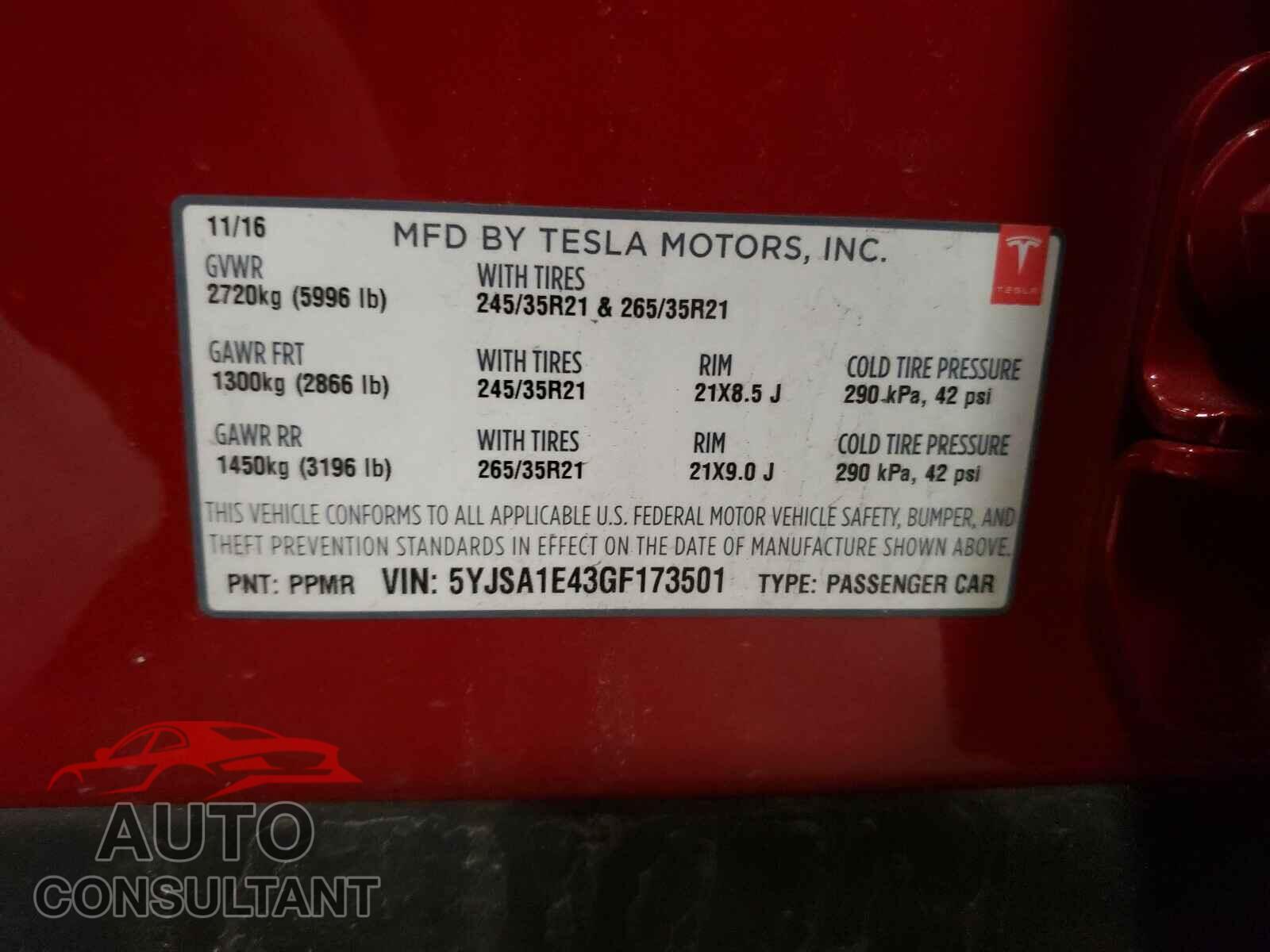 TESLA MODEL S 2016 - 5YJSA1E43GF173501