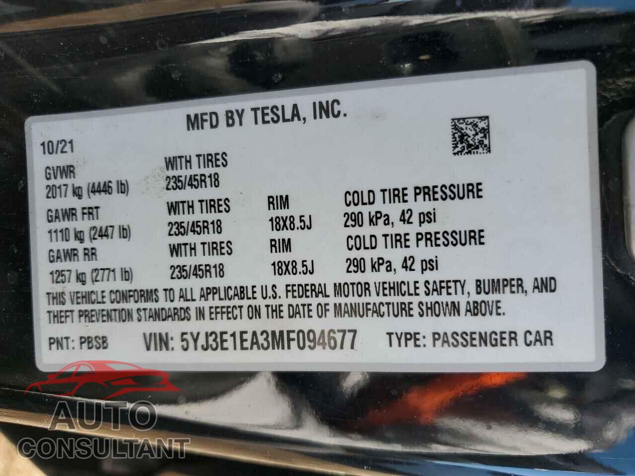 TESLA MODEL 3 2021 - 5YJ3E1EA3MF094677