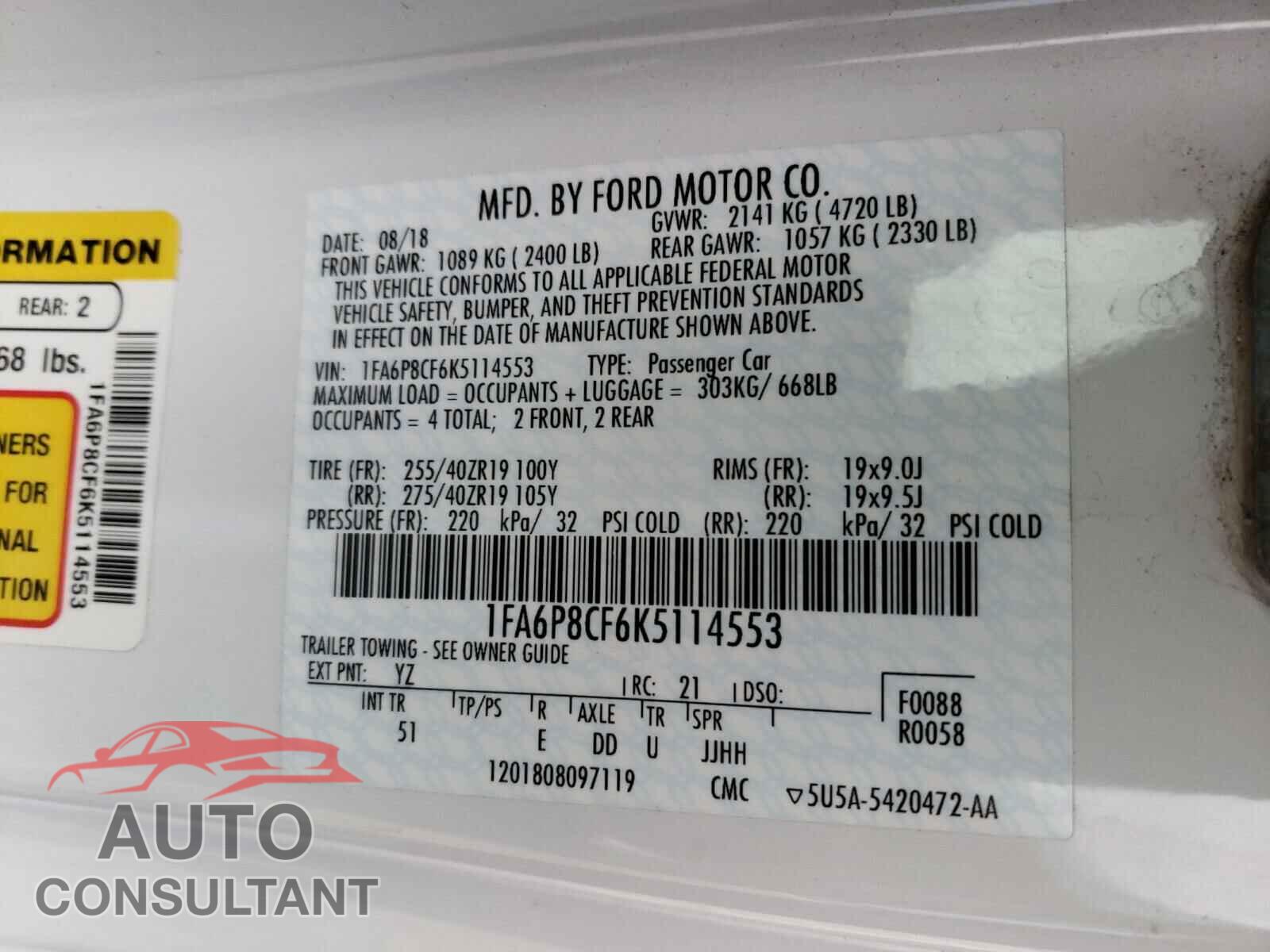FORD MUSTANG 2019 - 1FA6P8CF6K5114553