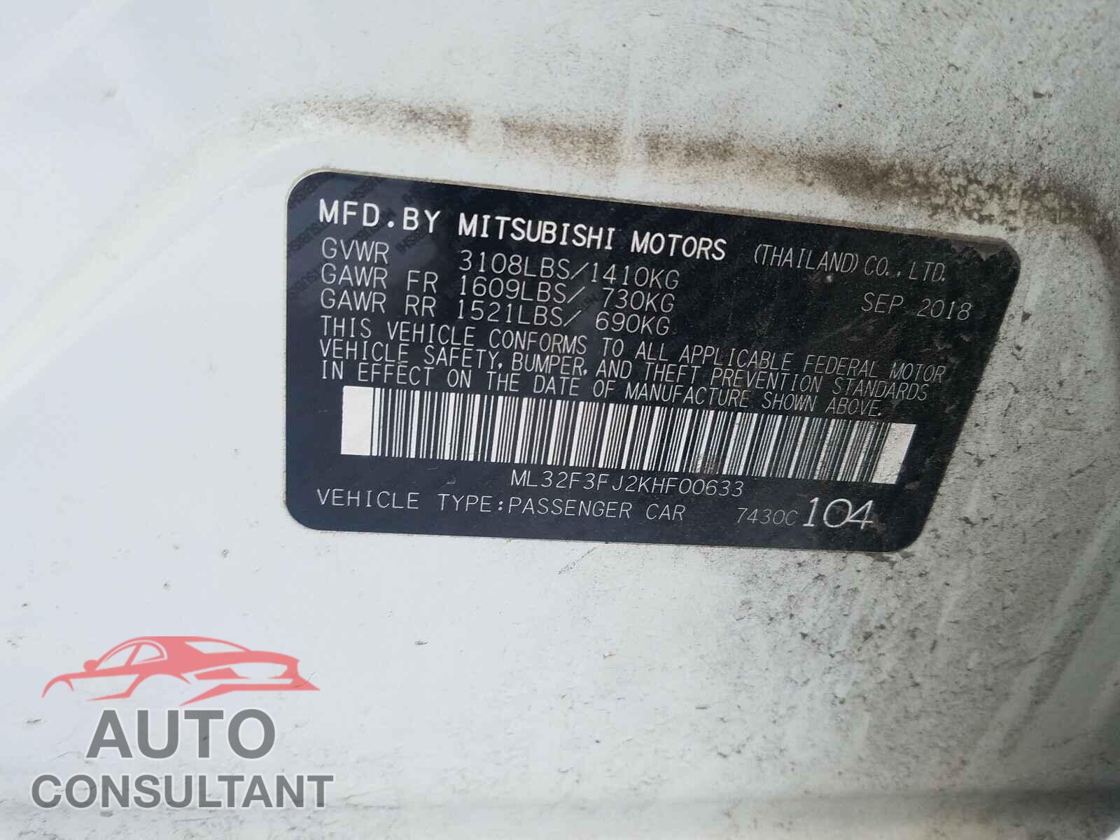 MITSUBISHI MIRAGE 2019 - ML32F3FJ2KHF00633