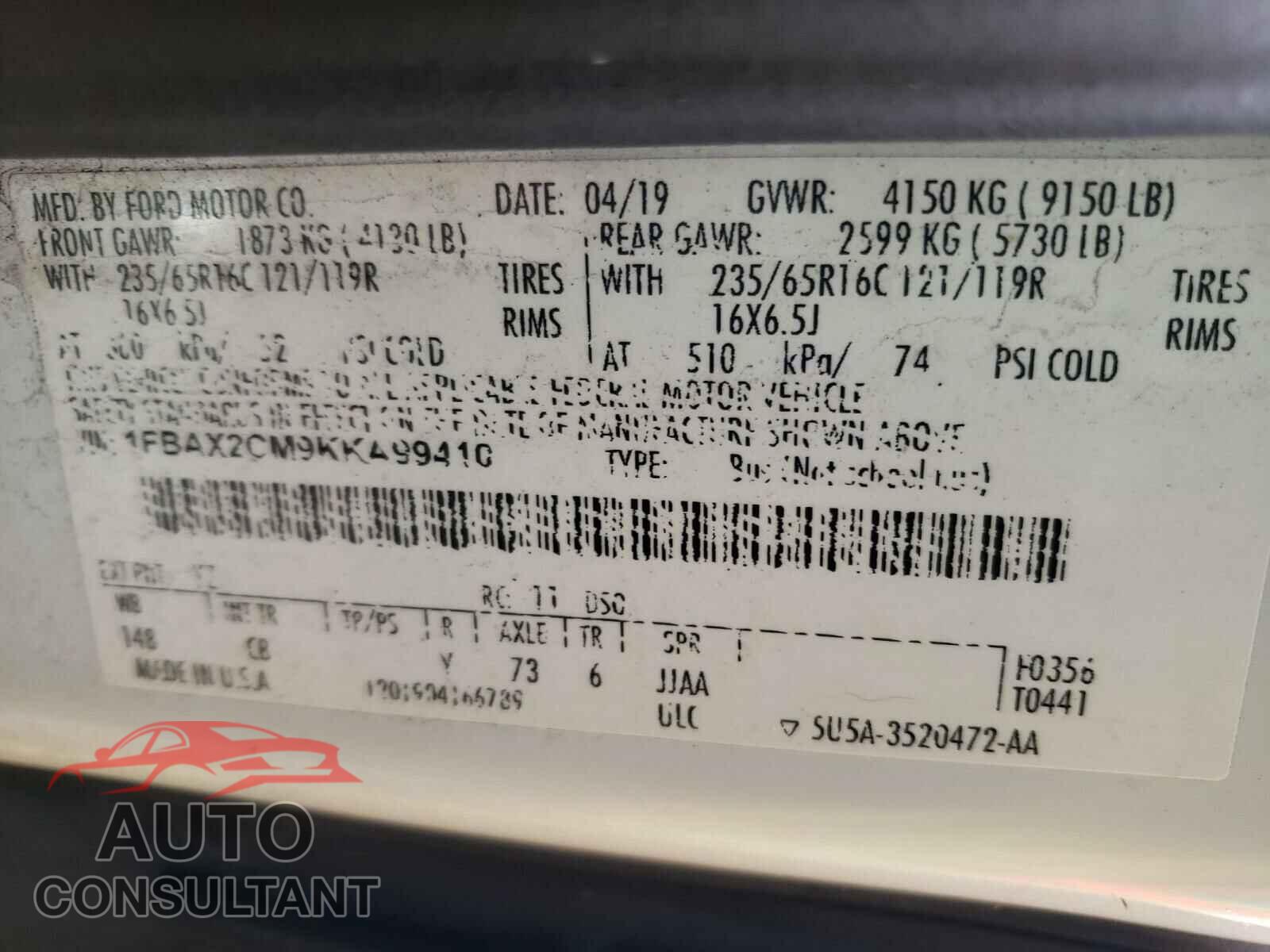 FORD TRANSIT 2019 - 1FBAX2CM9KKA99410