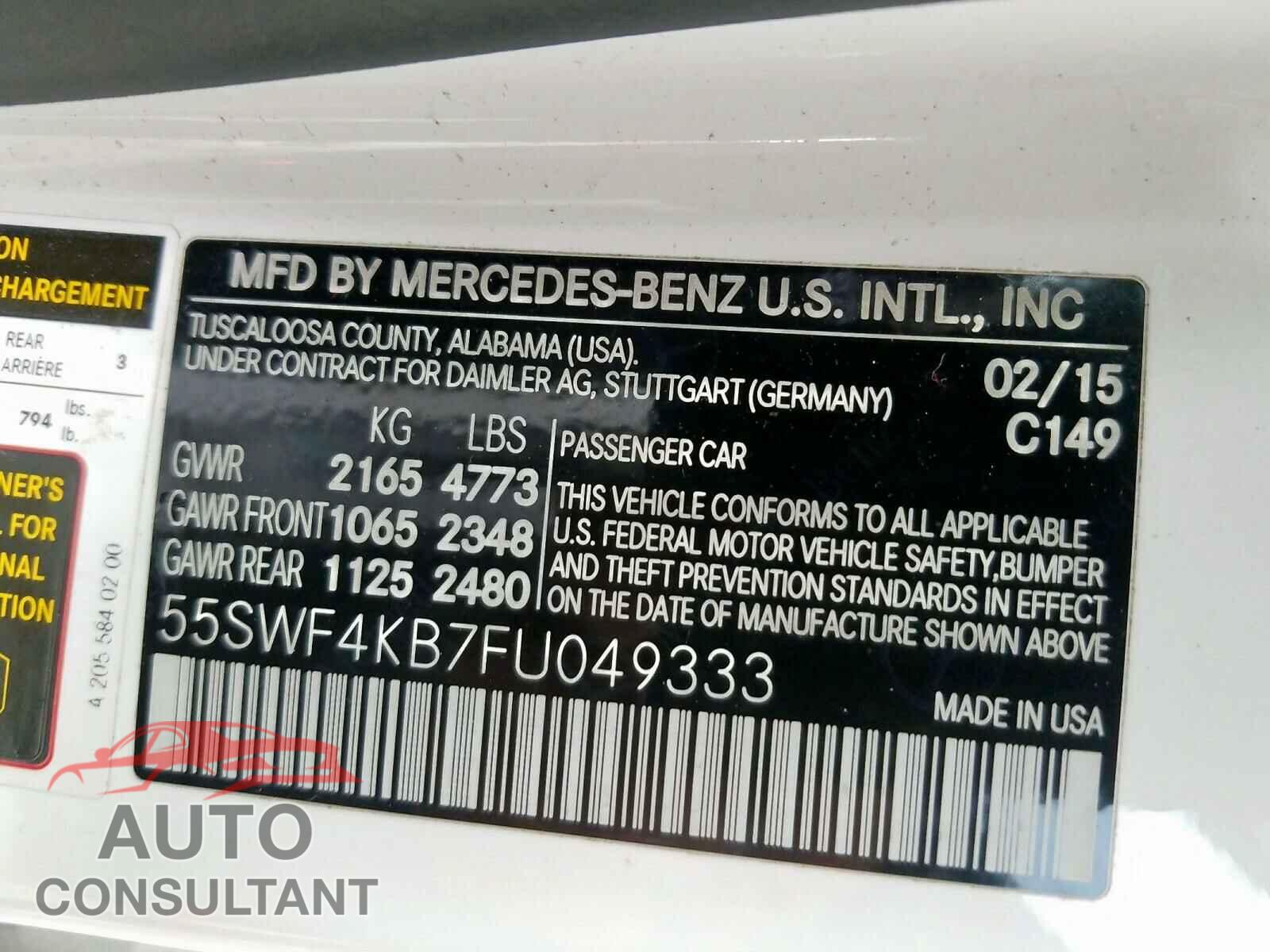 MERCEDES-BENZ C CLASS 2015 - 1VWAT7A36GC056253