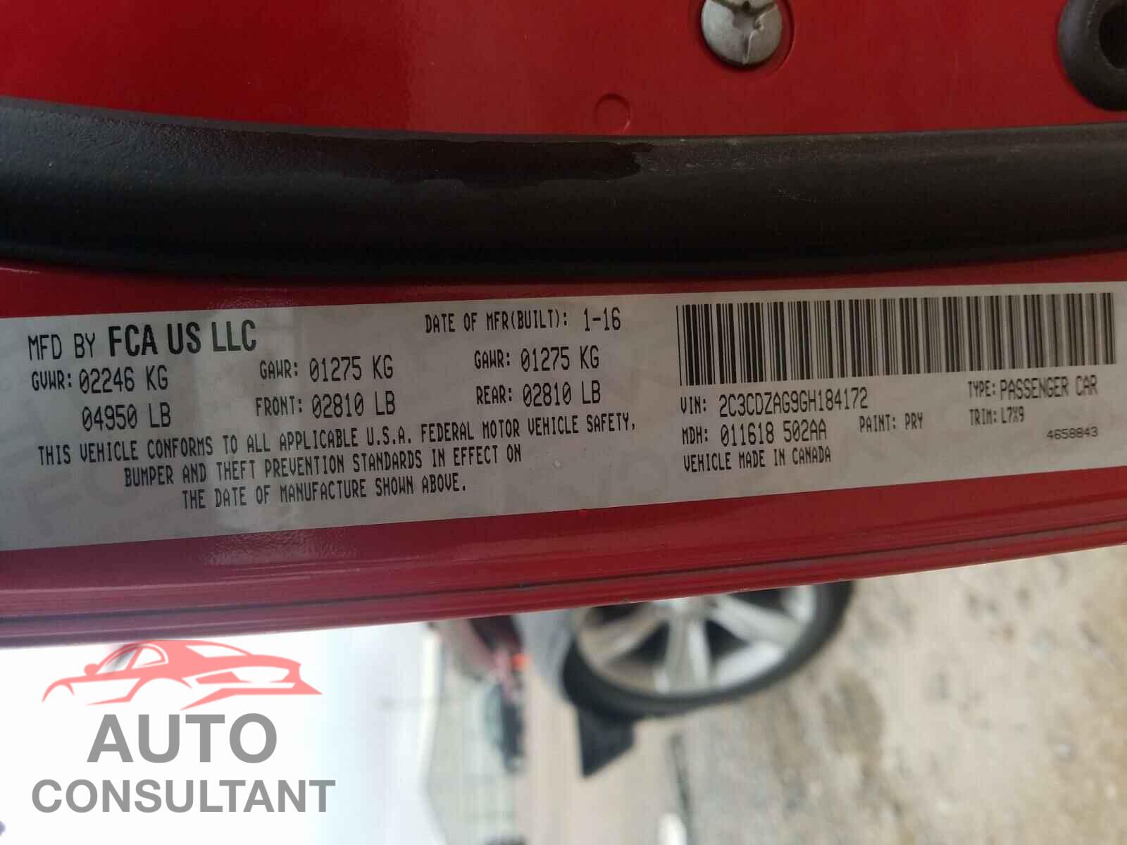DODGE CHALLENGER 2016 - 2C3CDZAG9GH184172