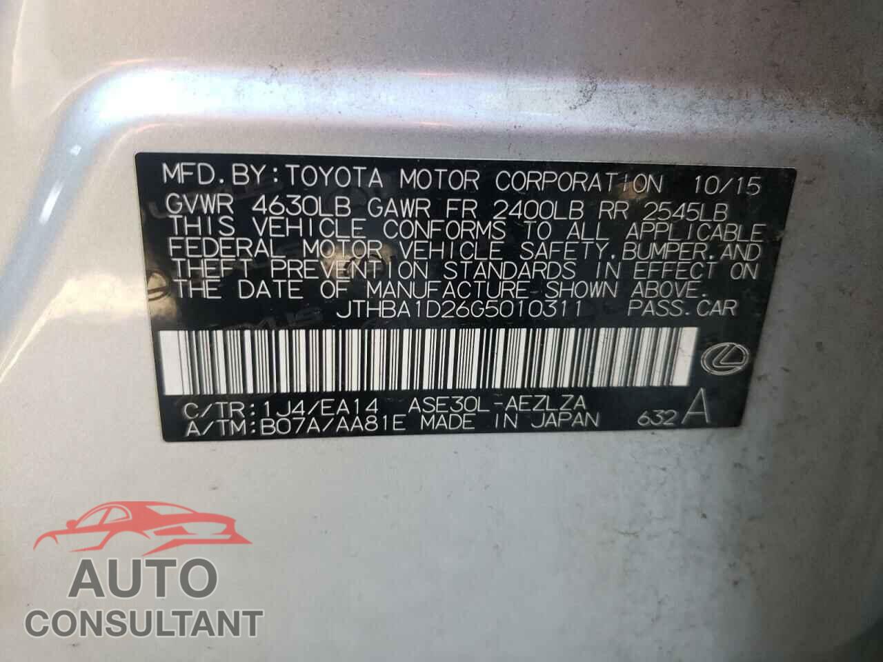 LEXUS IS 2016 - JTHBA1D26G5010311