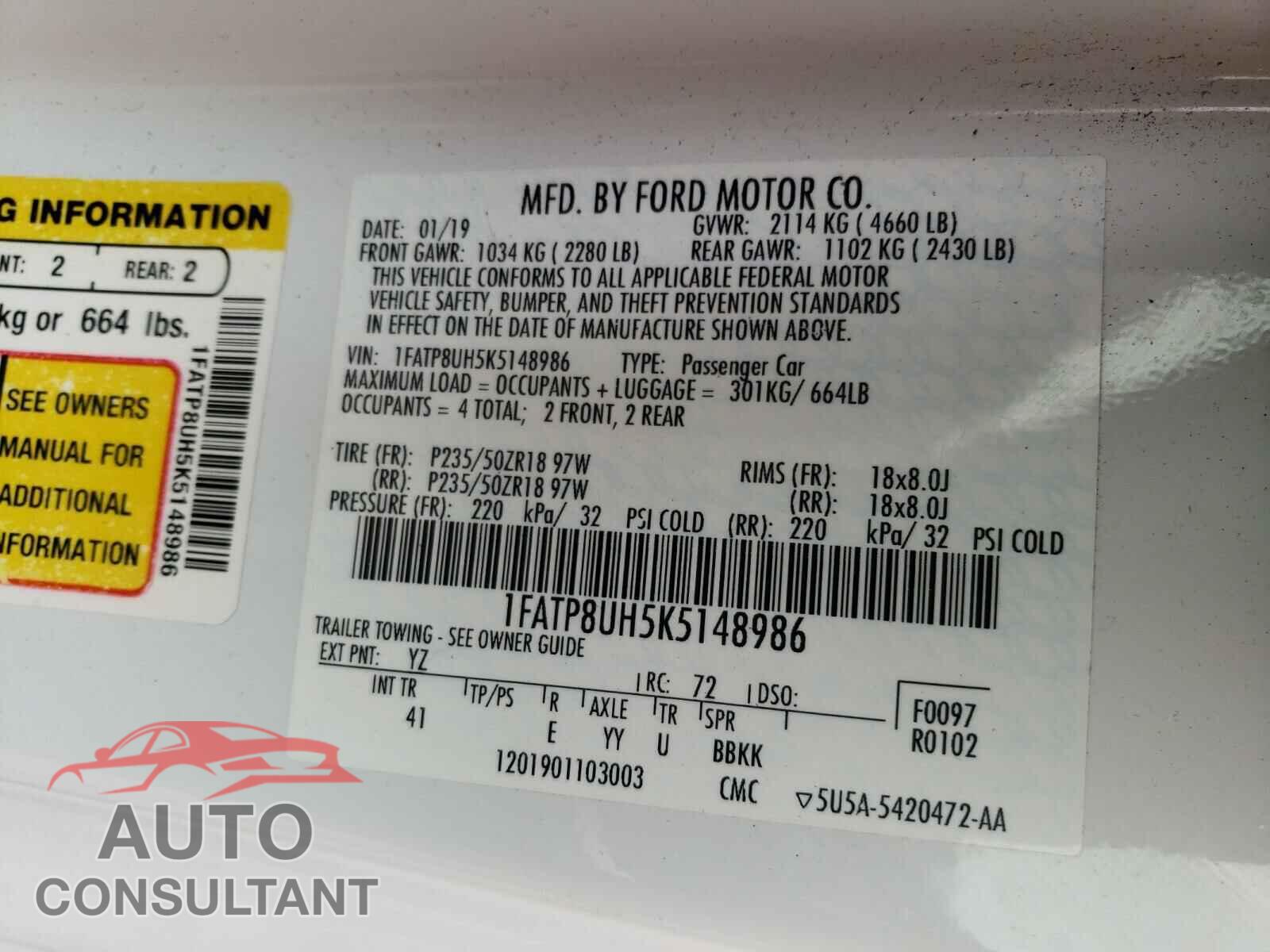 FORD MUSTANG 2019 - 1FATP8UH5K5148986