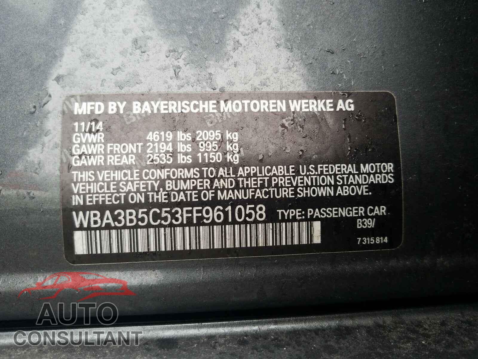BMW 3 SERIES 2015 - KL8CD6SAXKC811583
