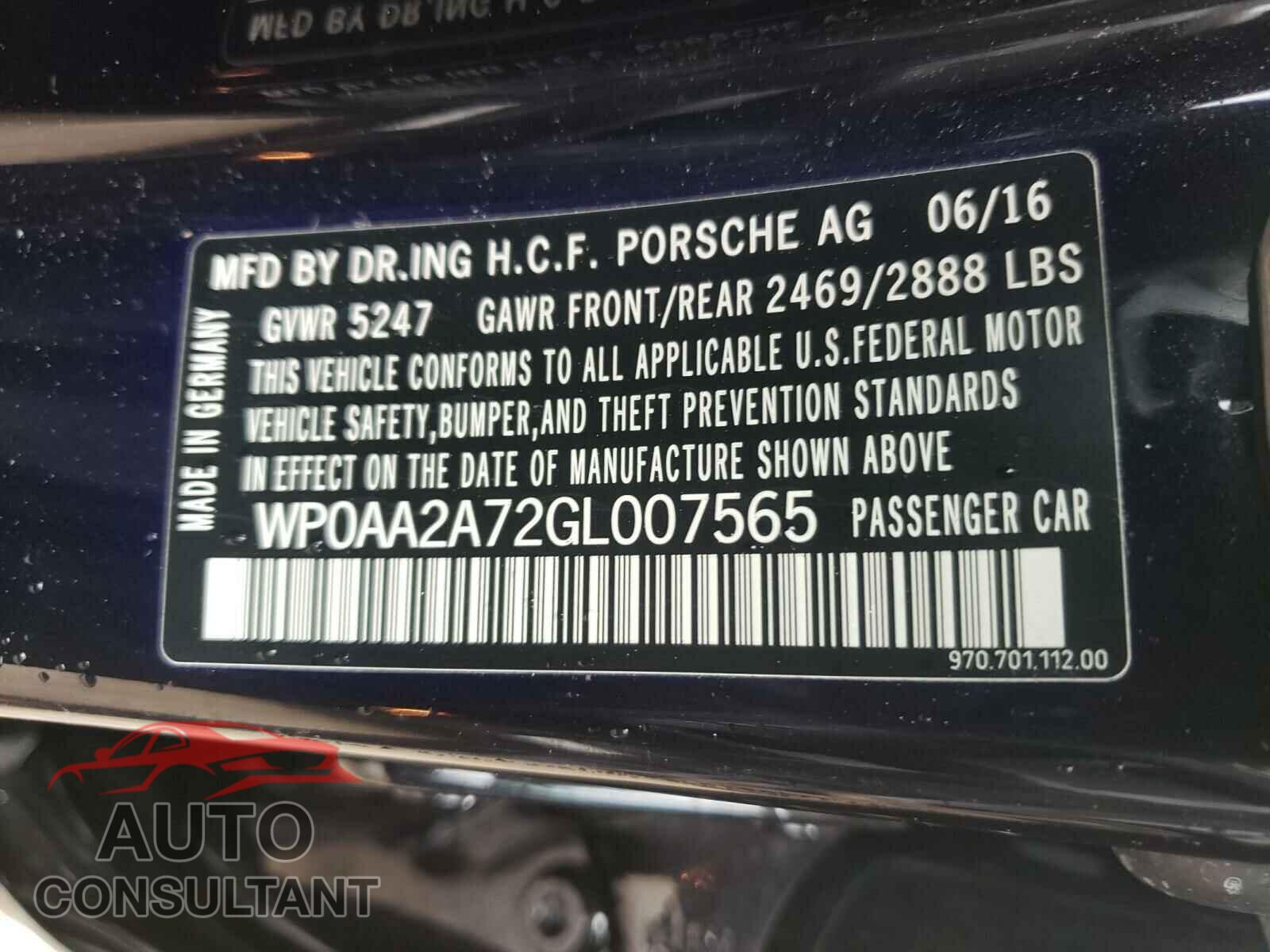 PORSCHE PANAMERA 2016 - WP0AA2A72GL007565