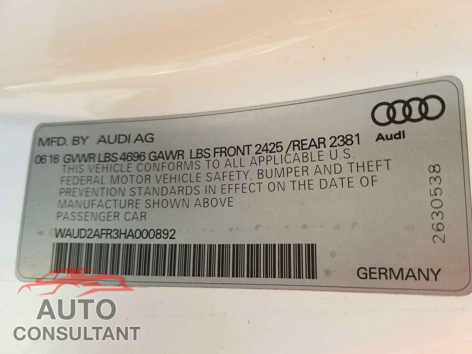 AUDI A5 2017 - WAUD2AFR3HA000892