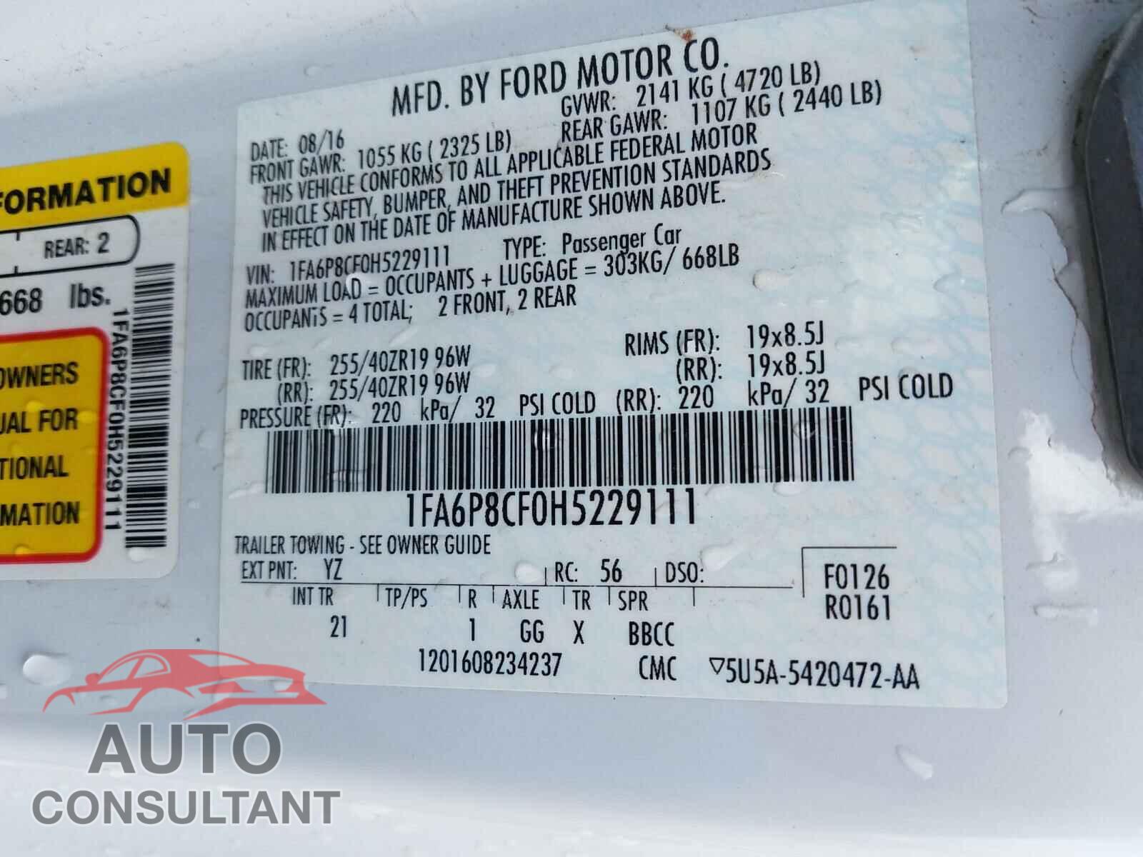 FORD MUSTANG 2017 - 1FA6P8CF0H5229111