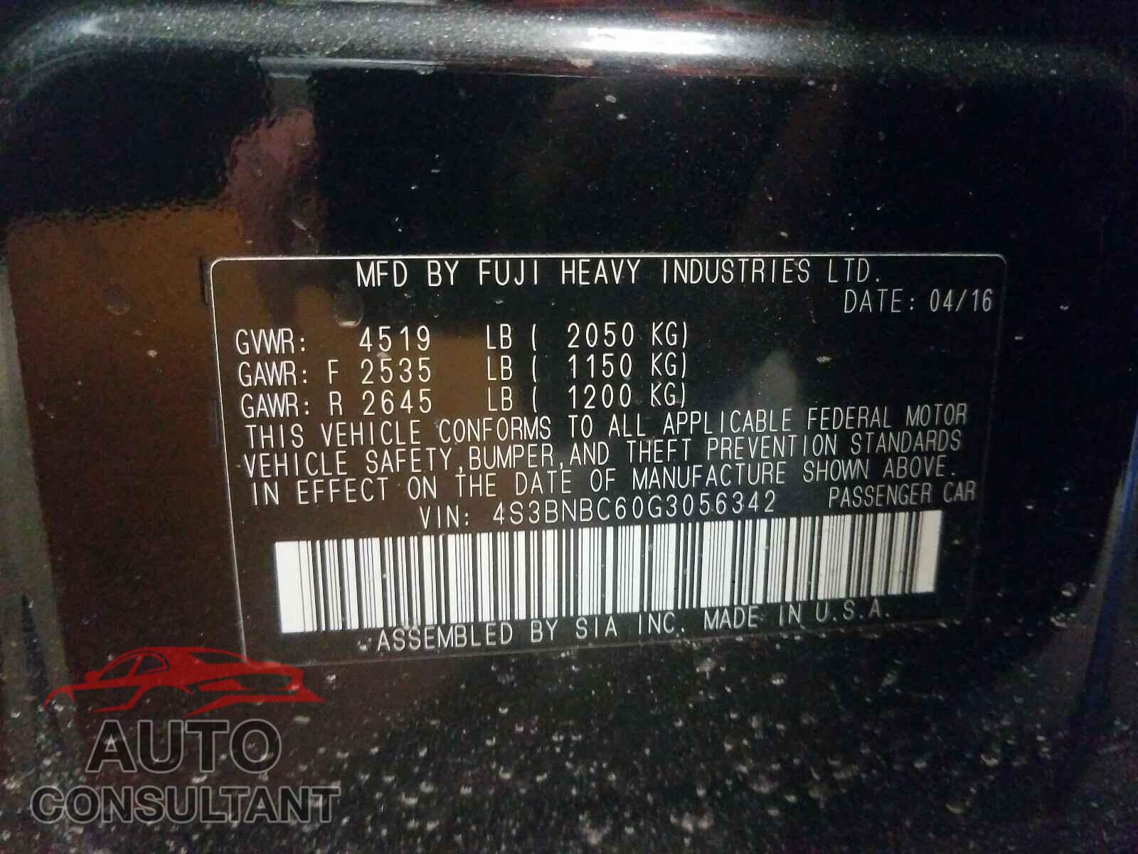 SUBARU LEGACY 2016 - 4S3BNBC60G3056342