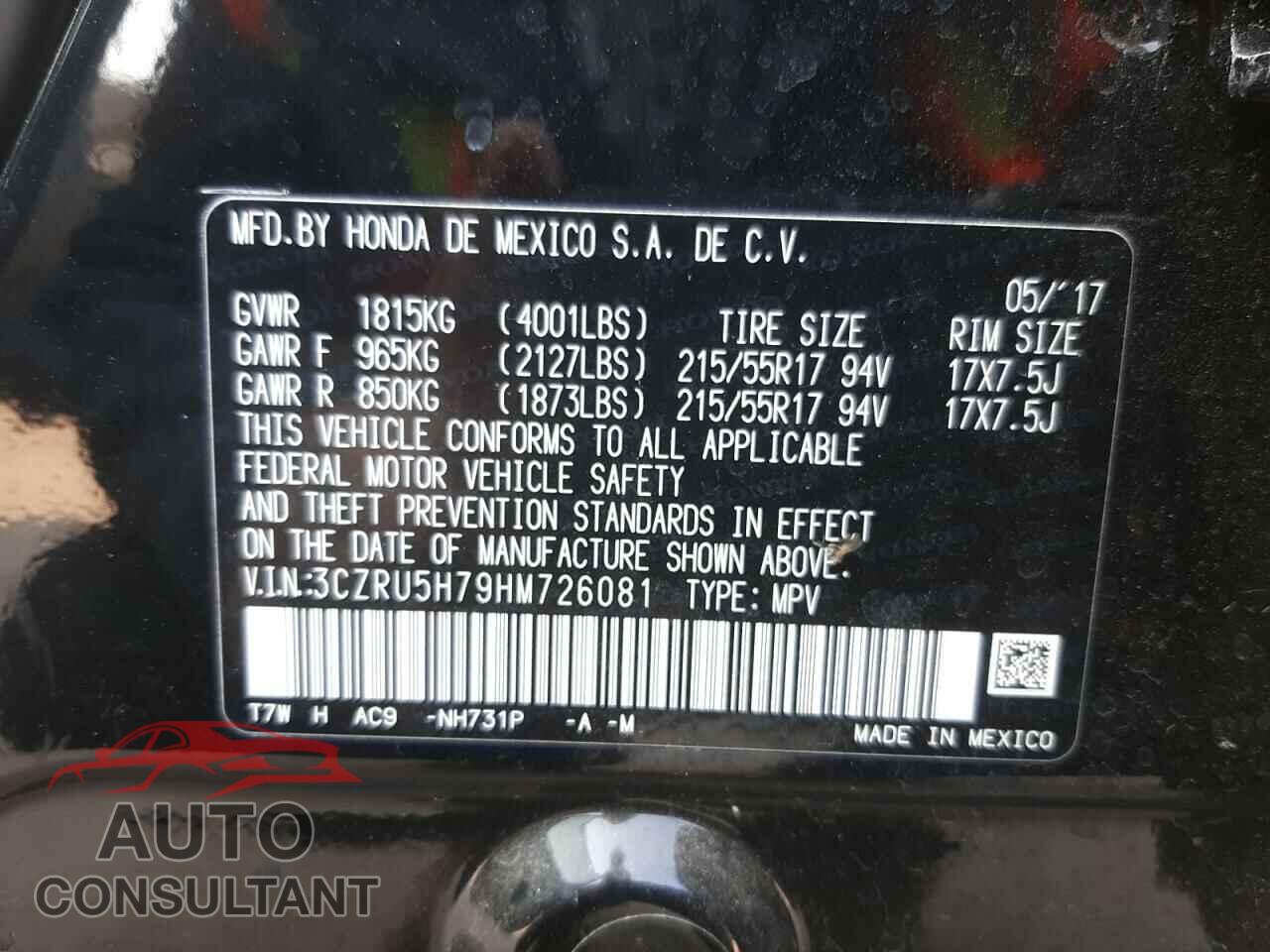 HONDA HR-V 2017 - 3CZRU5H79HM726081