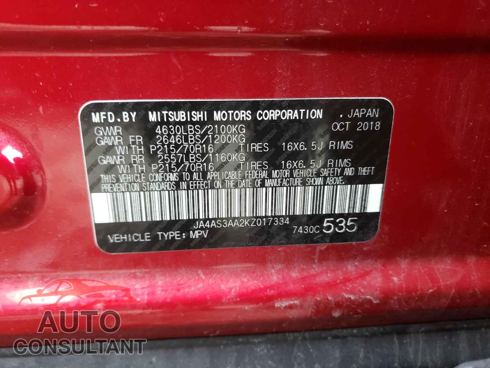 MITSUBISHI ECLIPSE 2019 - JA4AS3AA2KZ017334