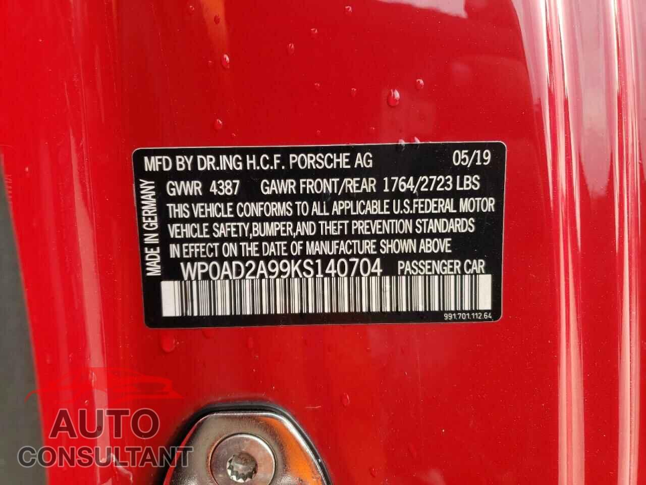 PORSCHE 911 2019 - WP0AD2A99KS140704