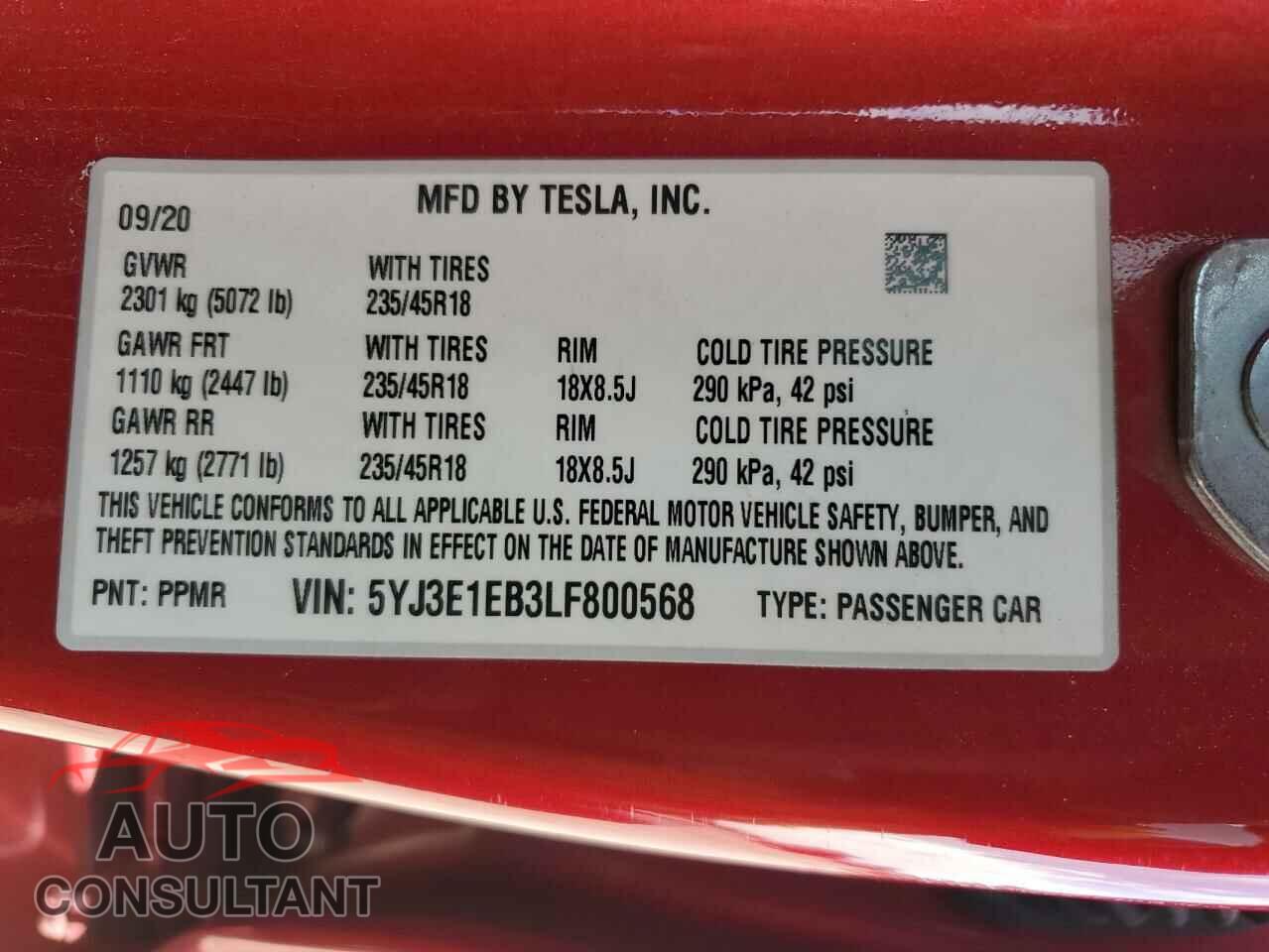 TESLA MODEL 3 2020 - 5YJ3E1EB3LF800568
