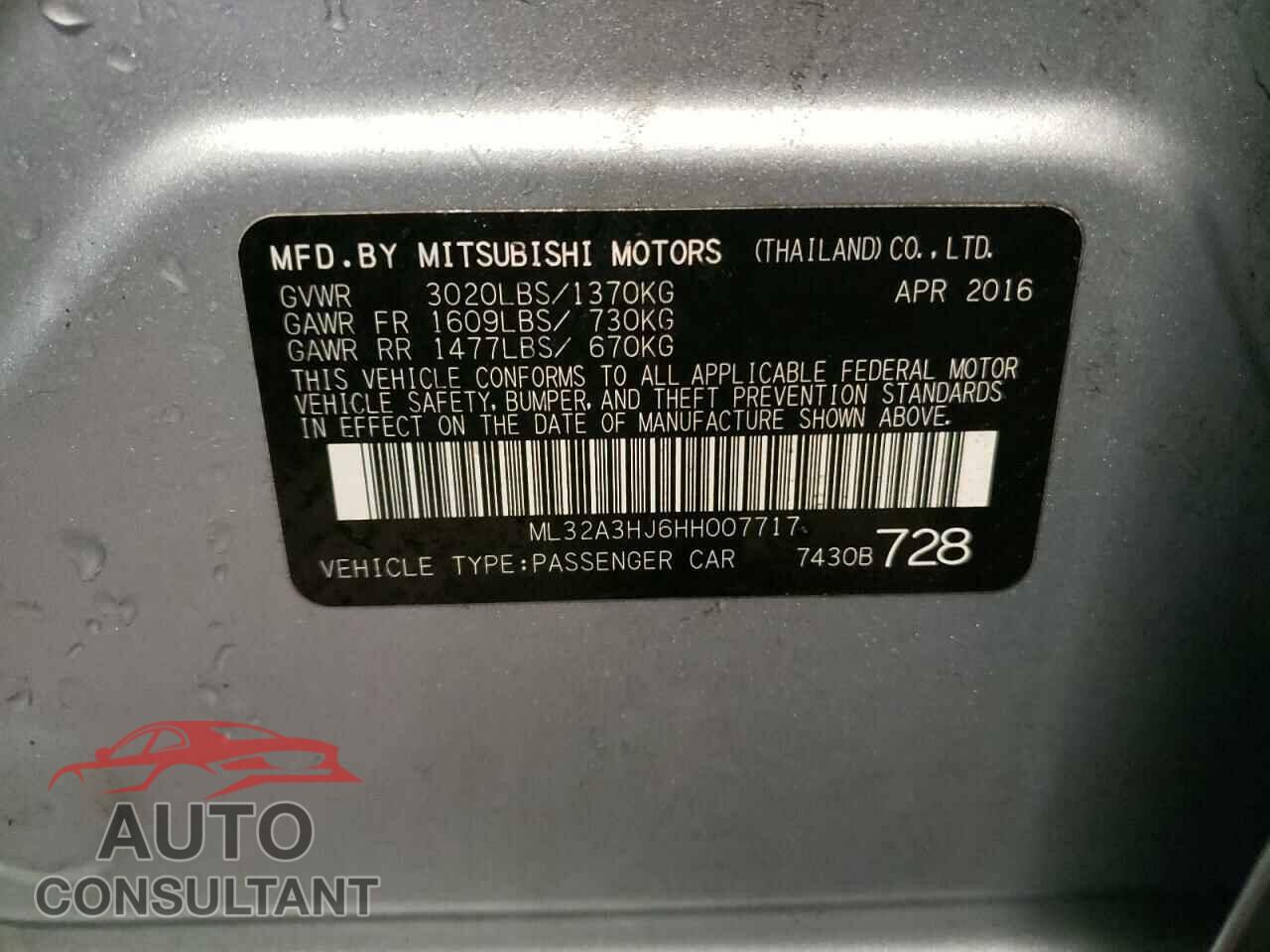 MITSUBISHI MIRAGE 2017 - ML32A3HJ6HH007717