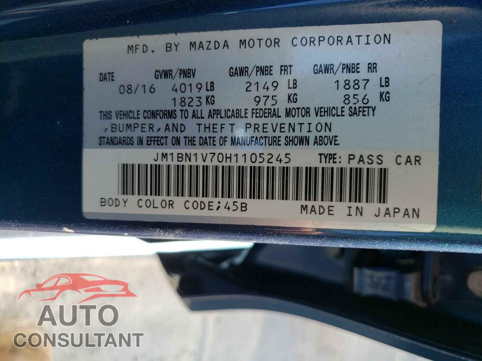MAZDA 3 2017 - JM1BN1V70H1105245