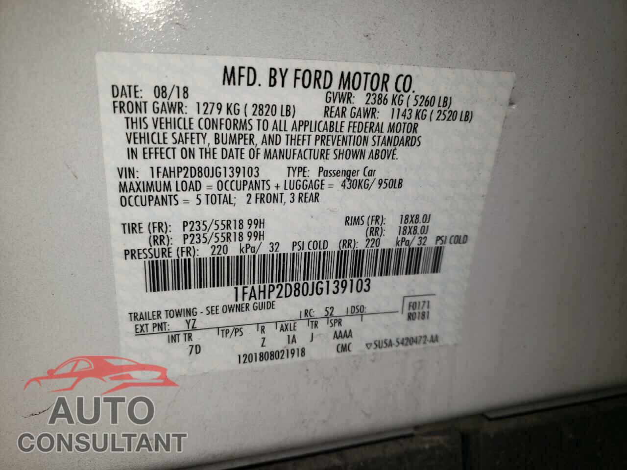 FORD TAURUS 2018 - 1FAHP2D80JG139103