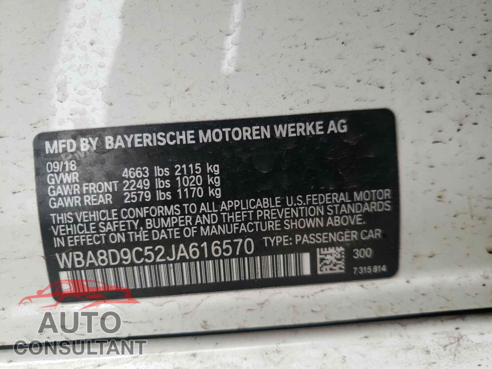 BMW 3 SERIES 2018 - WBA8D9C52JA616570