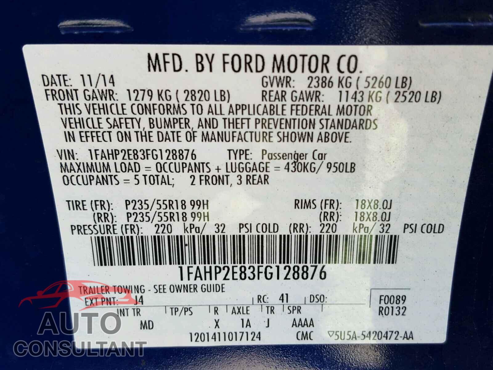 FORD TAURUS 2015 - 1FAHP2E83FG128876