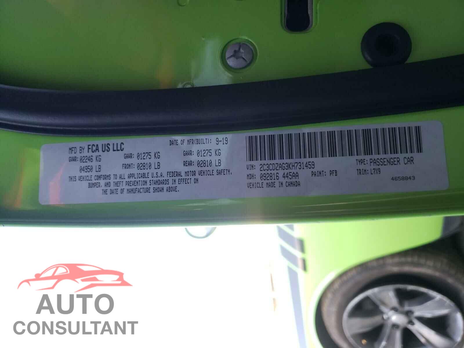 DODGE CHALLENGER 2019 - 2C3CDZAG3KH731459