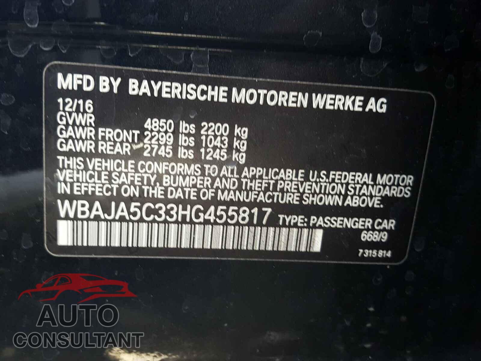 BMW 5 SERIES 2017 - WBAJA5C33HG455817