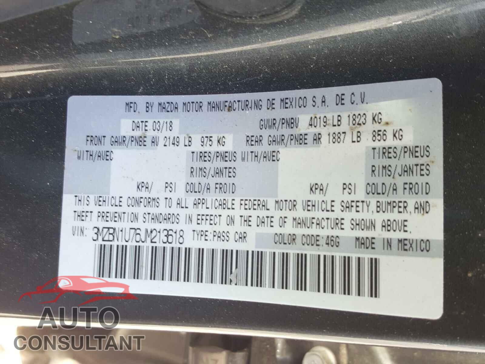 MAZDA 3 2018 - 3MZBN1U76JM213618
