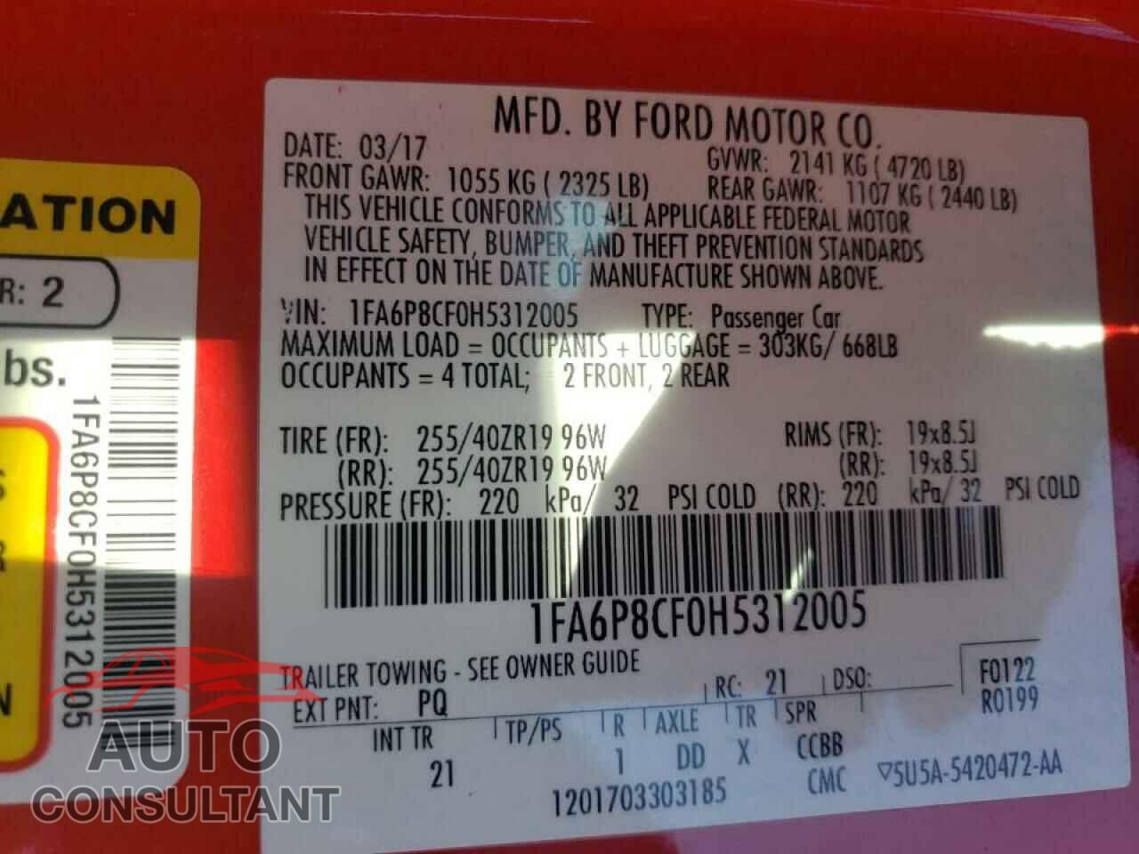 FORD MUSTANG 2017 - 1FA6P8CF0H5312005