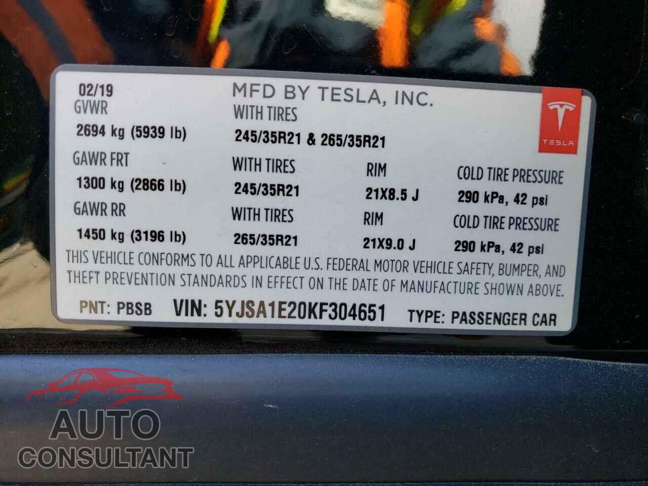 TESLA MODEL S 2019 - 5YJSA1E20KF304651