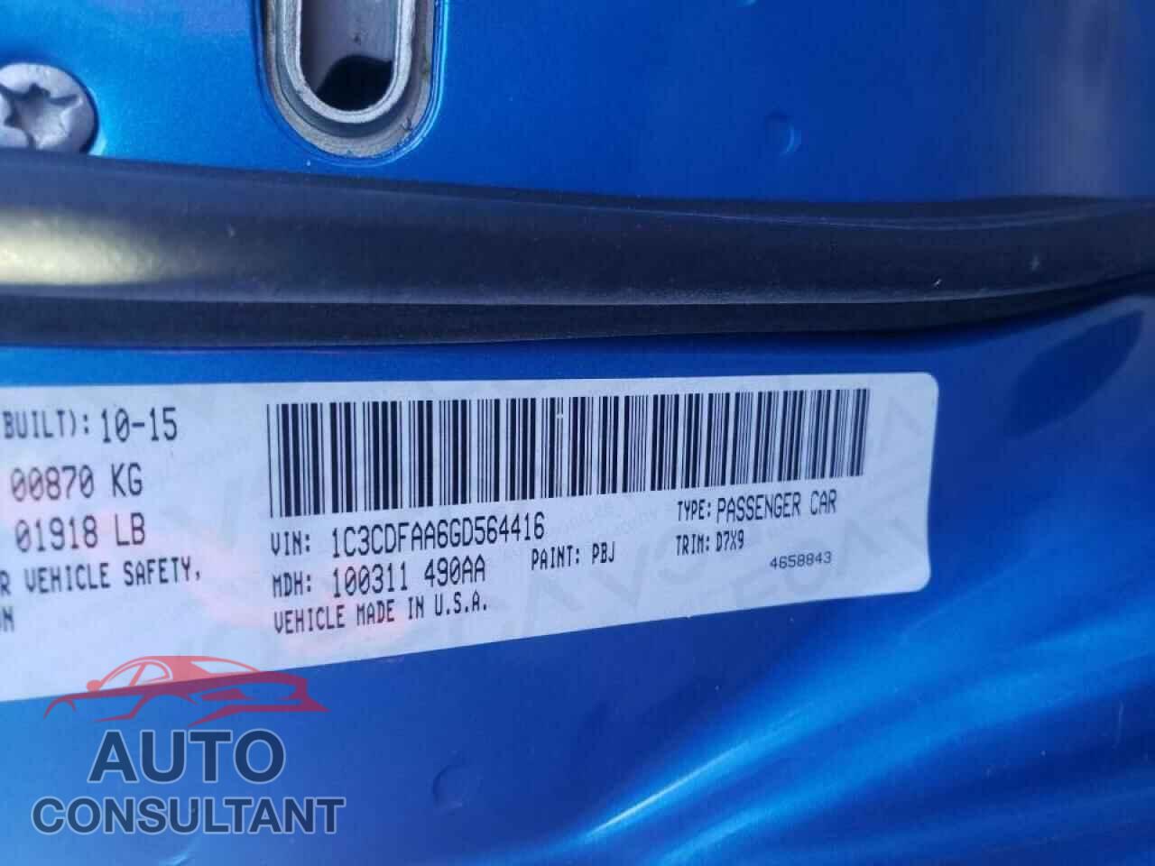 DODGE DART 2016 - 1C3CDFAA6GD564416