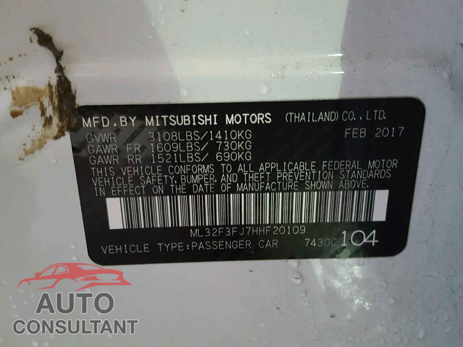 MITSUBISHI MIRAGE 2017 - ML32F3FJ7HHF20109