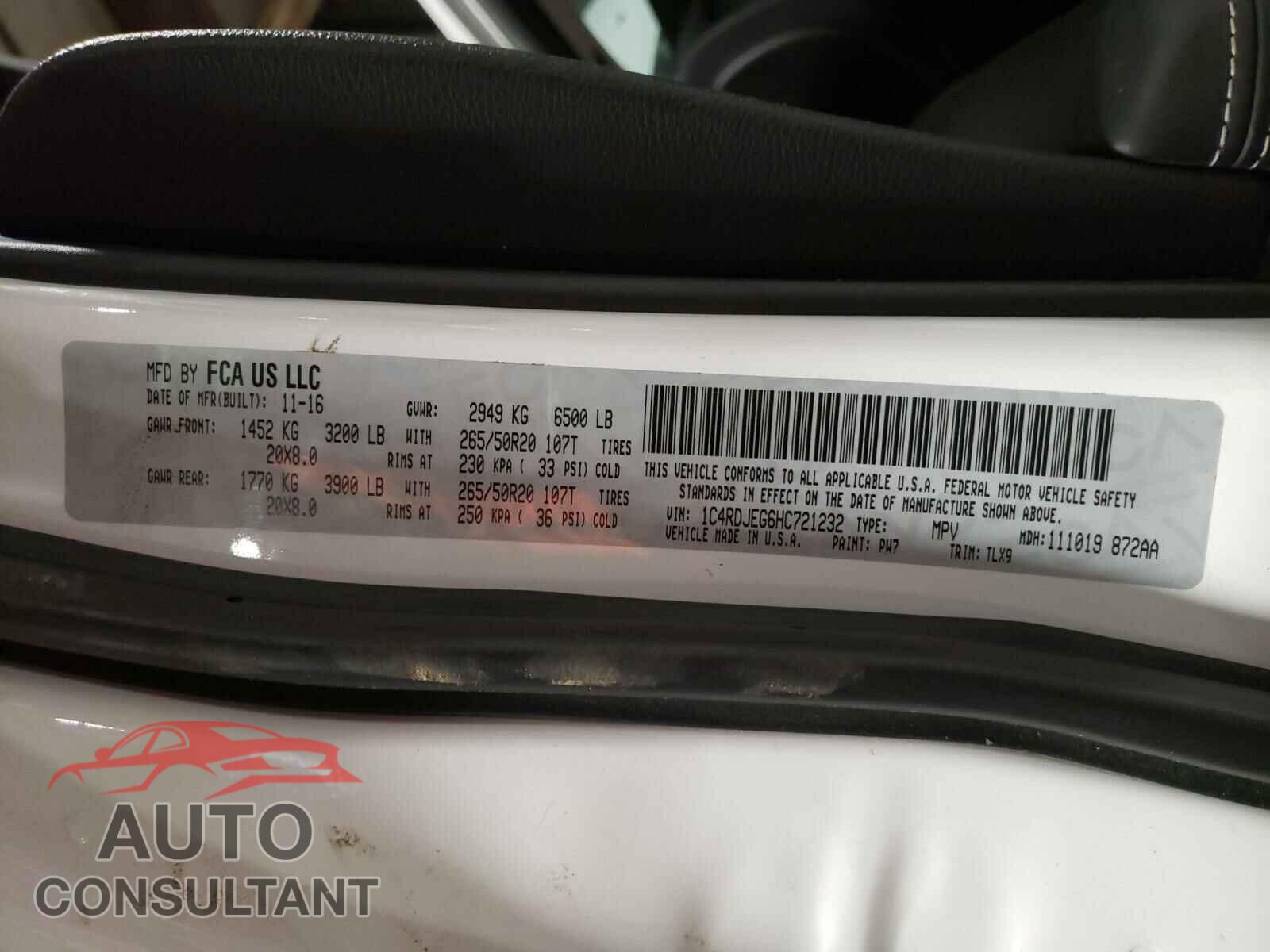 DODGE DURANGO 2017 - 1C4RDJEG6HC721232