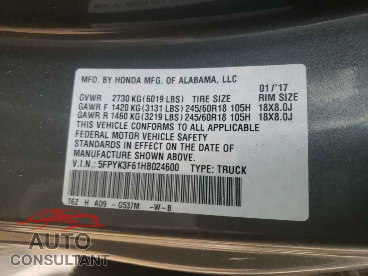HONDA RIDGELINE 2017 - 5FPYK3F61HB024600