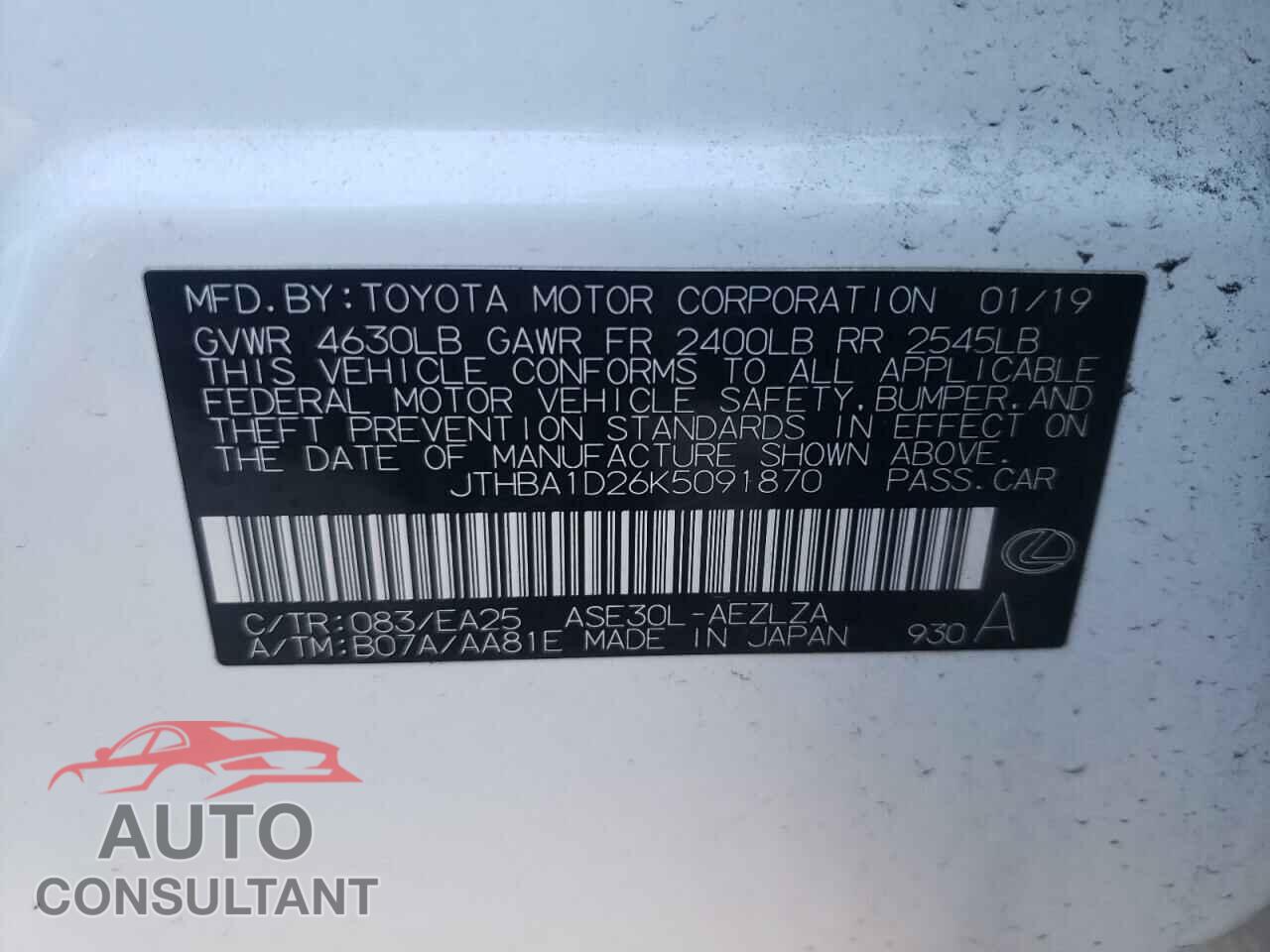LEXUS IS 2019 - JTHBA1D26K5091870