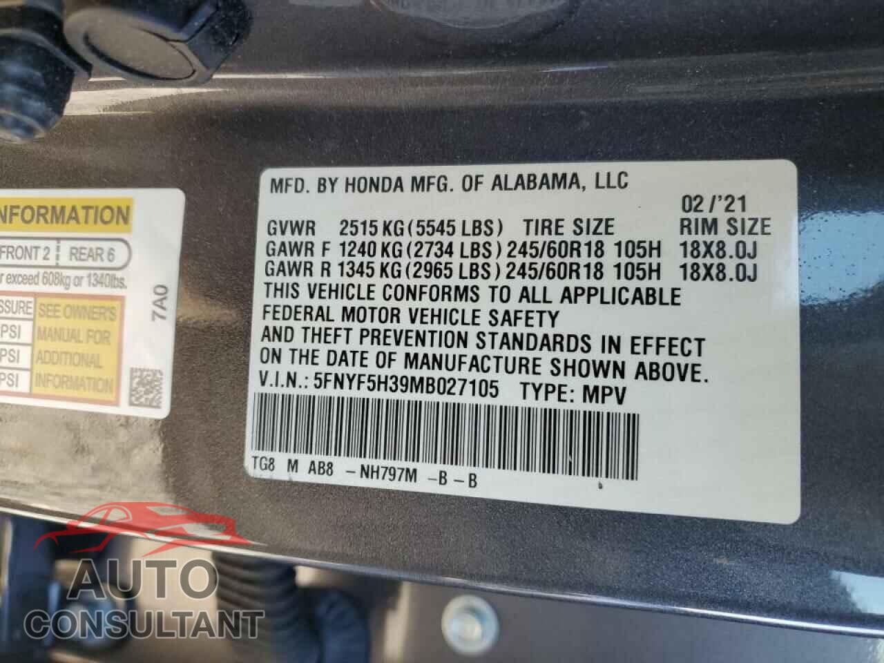 HONDA PILOT 2021 - 5FNYF5H39MB027105