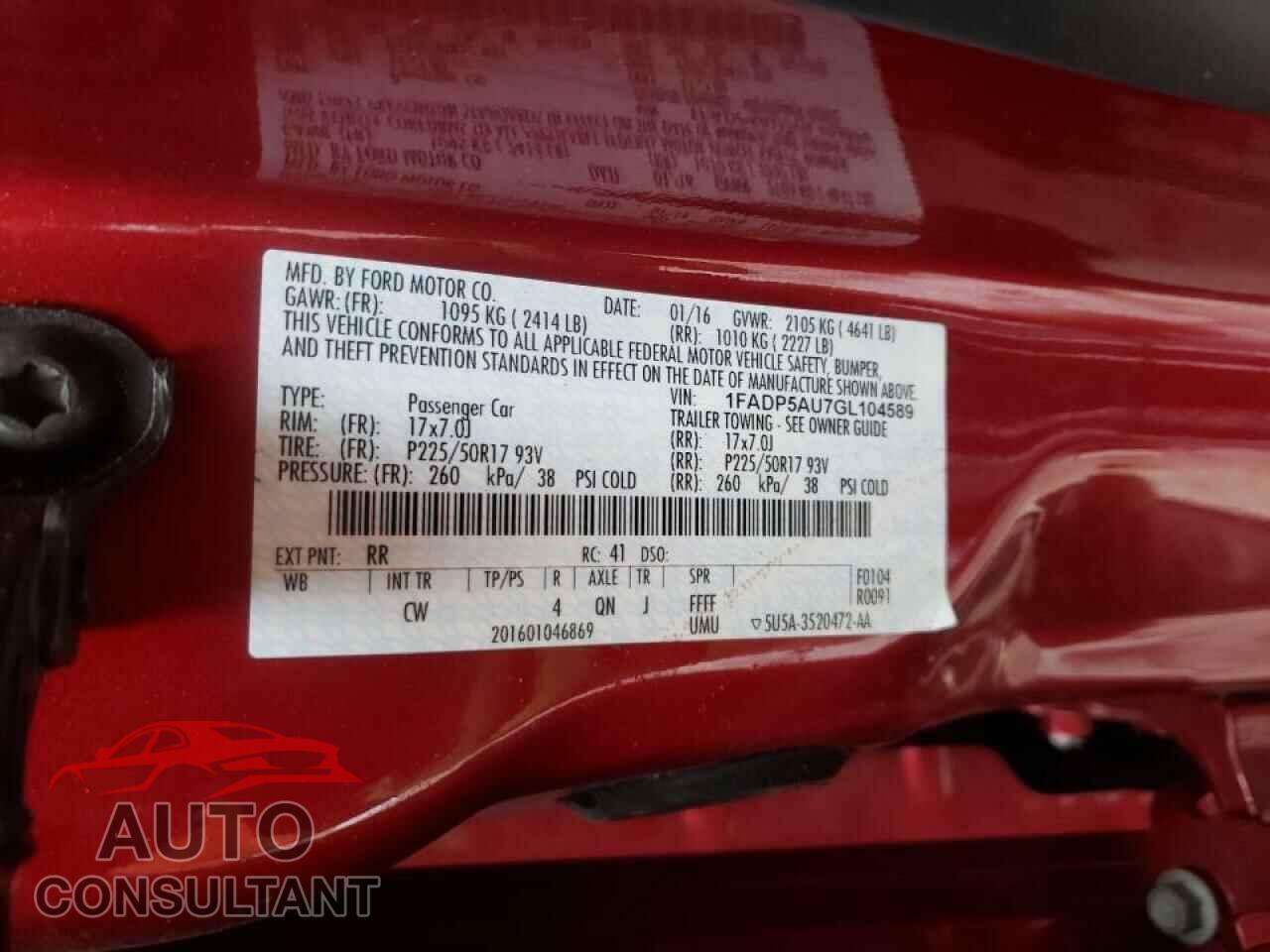 FORD CMAX 2016 - 1FADP5AU7GL104589