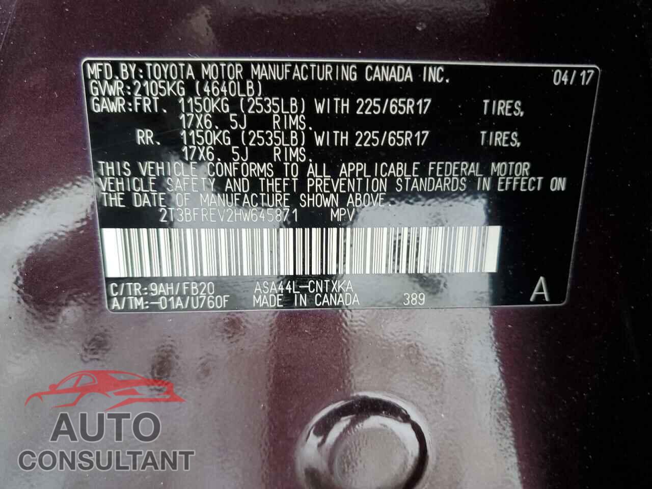 TOYOTA RAV4 2017 - 2T3BFREV2HW645871