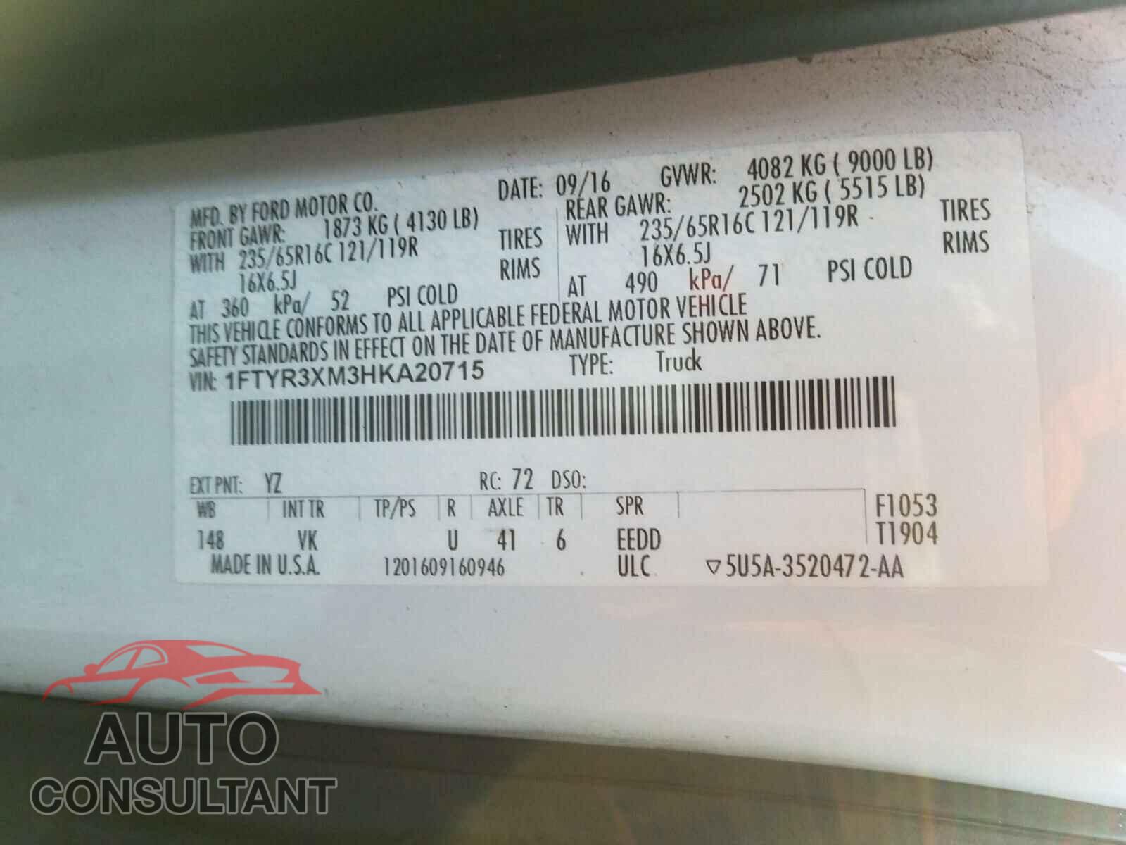FORD TRANSIT CO 2017 - 1FTYR3XM3HKA20715