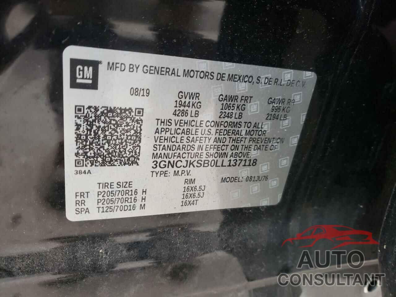CHEVROLET TRAX 2020 - 3GNCJKSB0LL137118